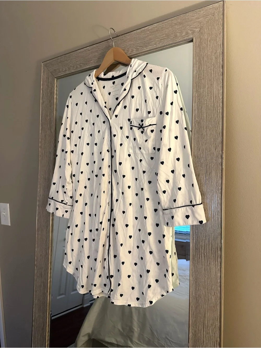 Kate Spade White And Black Heart Polka Dot 3/4 Sleeve Sleep Shirt Size Large